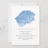 ブルー ウォーターカラー ブラッシュ クロス クリスチャン 洗礼 出産祝い 招待状 (正面)