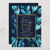 ブルー ウォーターカラー ボタニカル グラム バースデー パーティー 招待状 (正面/裏面)