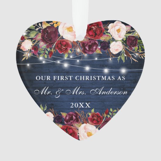 ブルー·ウッ素朴ド·バーガンディ·フローラがクリスマスに点灯 オーナメント (正面)