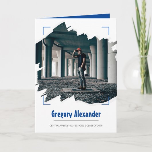 ブルー エッジー アブストラクト ブラシストローク フォト 卒業 招待状 (正面)