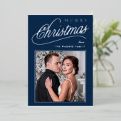 ブルー&エレガントシルバースクリプトメリークリスマスフォト 箔シーズンカード (立ち正面)
