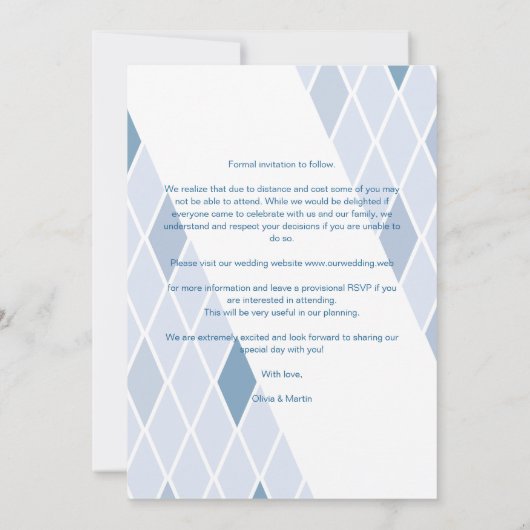 ブルー・エレガント抽象芸術・フォト・ア結婚パーテント セーブザデート (裏面)