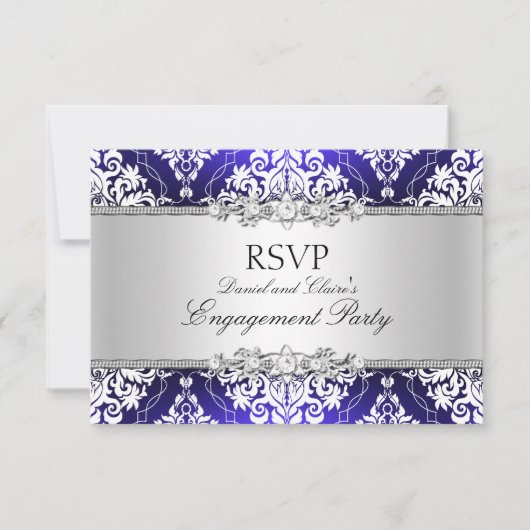 ブルー エレガント ダマスク 婚約パーティー RSVP 招待状 (正面)