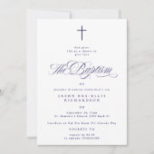 ブルー エレガント ネイビー クロス ボーイ フォト 洗礼 招待状 (正面)