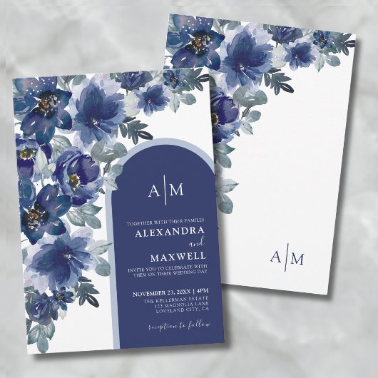 ブルー・エレガント・モダン・水彩・花・ウェディング 招待状