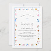 ブルー エレガント ワイルドフラワー ボーイ 命名式 洗礼 招待状 (正面)