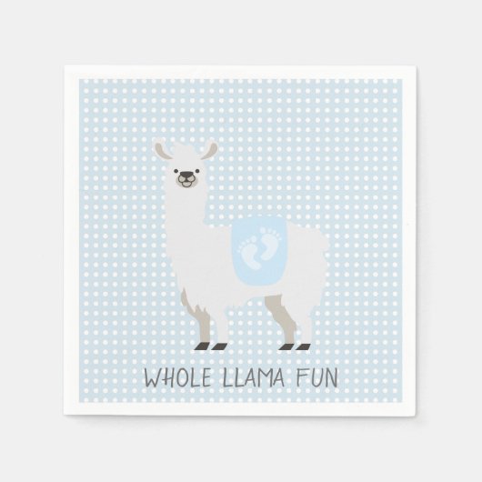 ブルー&オフホワイトLlamaベビー男女兼用シャワー スタンダードカクテルナプキン (正面)
