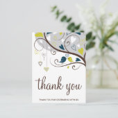 ブルー&オリーブ |可愛いラブバードありがとうはがき ポストカード (スタンド正面)