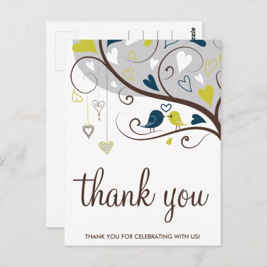 ブルー&オリーブ |可愛いラブバードありがとうはがき ポストカード (正面/裏面)