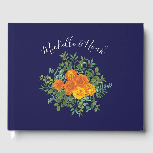 ブルー＆オレンジのローズ フローラル モダン ウェディング ゲストブック (正面)