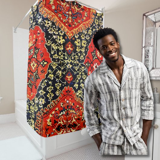 ブルー&オレンジオウシャクオリエンタルラグプリント シャワーカーテン