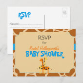 ブルー&オレンジキラフェサファリアニマルRSVP インビテーションポストカード (正面/裏面)