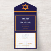 ブルー&オレンジシルバーフォイルバー(ユダヤ教の)バル・ミツバー オールインワン招待状 (内側)