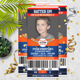 ブルー│オレンジチケットスタイル野球誕生会 招待状