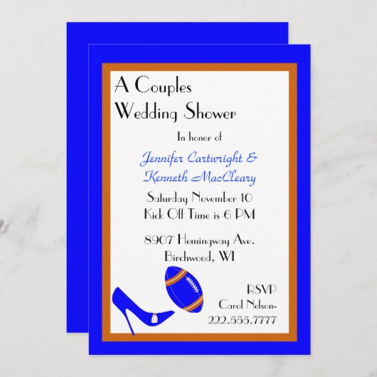 ブルー&オレンジフットボールウェディングシャワー招待状 招待状 (正面/裏面)