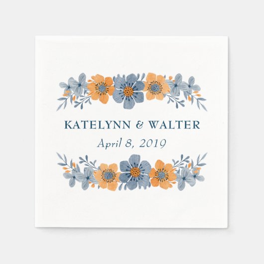 ブルー&オレンジフラワー結婚ズカスタムナプキンス スタンダードカクテルナプキン (正面)