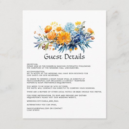 ブルー、オレンジ、イエローフローラ結婚ズゲスト詳細 エンクロージャーカード (正面)