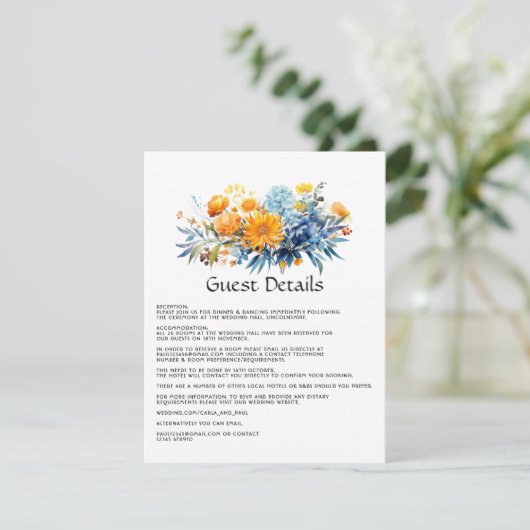 ブルー、オレンジ、イエローフローラ結婚ズゲスト詳細 エンクロージャーカード (スタンド正面)