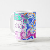 ブルー、オレンジ、パープル、ティール(緑がかった色)流体アートモノグラム コーヒーマグカップ (正面左)