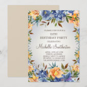 ブルー オレンジ フラワーパターン 75歳 誕生日 招待状 (正面/裏面)