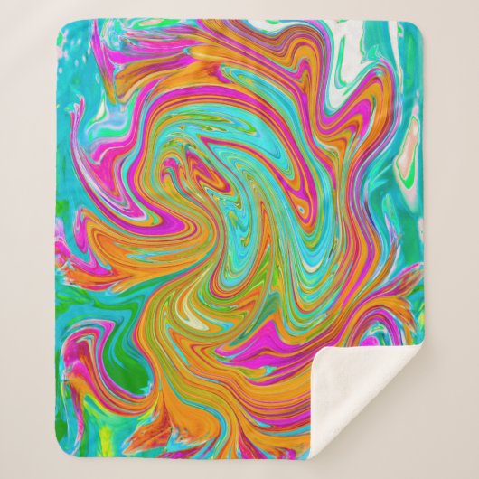 ブルー、オレンジ、ホットピンクのグルービー抽象芸術レトロ シェルパブランケット (正面)