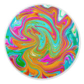 ブルー、オレンジ、ホットピンクのグルービー抽象芸術レトロ セラミックノブ (正面)