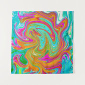 ブルー、オレンジ、ホットピンクのグルービー抽象芸術レトロ タペストリー (正面)