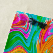 ブルー、オレンジ、ホットピンクのグルービー抽象芸術レトロ ビーチタオル (インサイチュ)