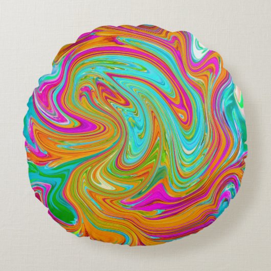 ブルー、オレンジ、ホットピンクのグルービー抽象芸術レトロ ラウンドクッション (正面)