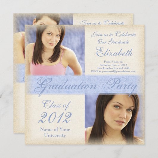 ブルー·ガかわいらしールの卒業パーティー招待状 招待状 (正面/裏面)