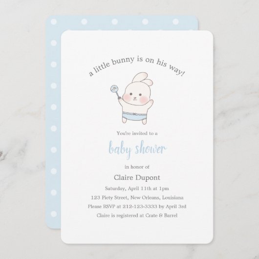 ブルー キュート ウサギ 水彩 簡単 男の子 ベビーシャワー 招待状 (正面/裏面)
