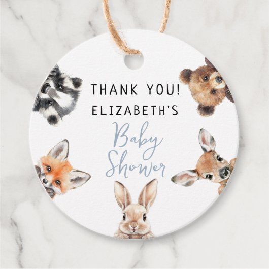 ブルー キュート 水彩 森の動物 ベビーシャワー フェイバータグ (正面)