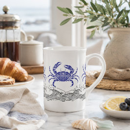 ブルー・クラブと波模様のコーヒーマグ ボーンチャイナマグカップ