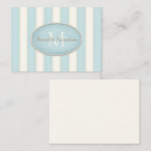 ブルー＆クリームのストライプ オーバルフレーム モノグラム カスタム ノートカード (正面/裏面)