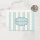 ブルー＆クリームのストライプ オーバルフレーム モノグラム カスタム ノートカード (正面/裏面インサイチュ)