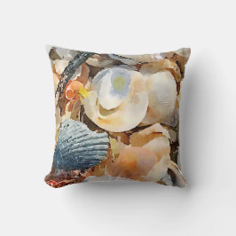 ブルー&クリームシーシェル&ドリフトウッドオンビーチ砂 クッション
