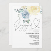 ブルー&クリームフローラ婚約パーティお祝い 招待状 (正面/裏面)