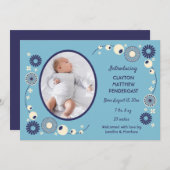 ブルー&クリームフローラ男の赤ちゃん誕生発表 招待状 (正面/裏面)