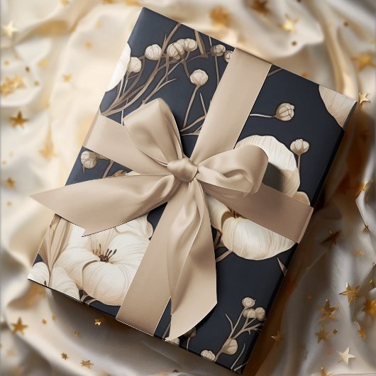 ブルー&クリーム コットンフラワーズ ボタニカル ヴィンテージ ラッピングペーパーシート