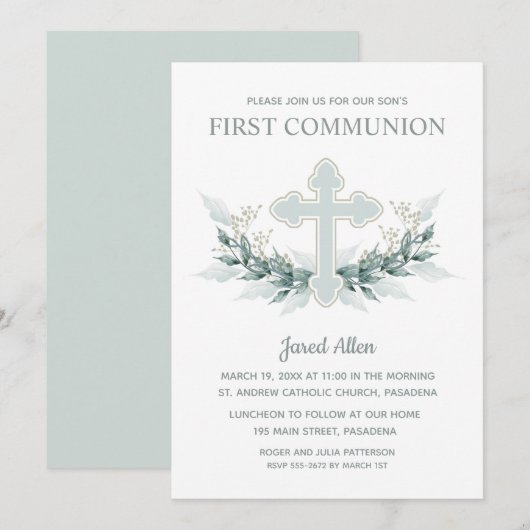 ブルー クロス グリーンファースト コミュニオン 招待状 (正面/裏面)