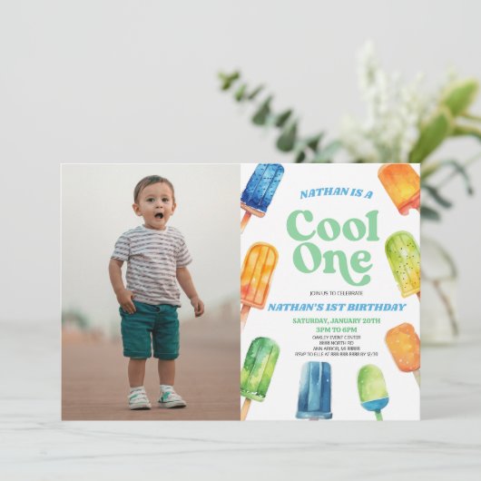 ブルー クール ワン ポップシクル 絵 1歳の誕生日パーティー 招待状 (スタンド正面)