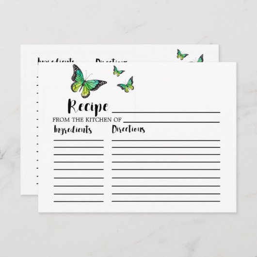 ブルー＆グリーンの蝶のウェディングシャワーレシピカード ポストカード (正面/裏面)