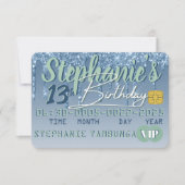 ブルー&グリーングリッタードリップVIPクレジットカード誕生日 招待状 (正面)