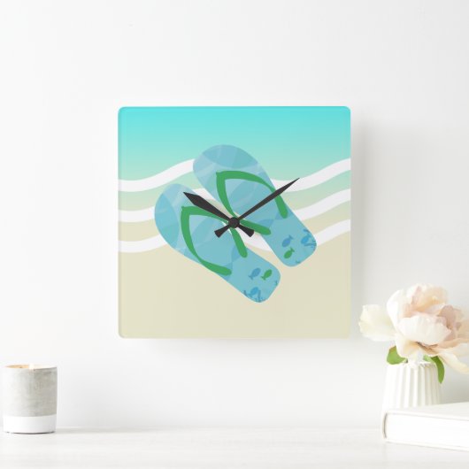 ブルー&グリーンサマービーチウェーブズビーチサンダル スクエア壁時計 (ホーム)