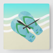 ブルー&グリーンサマービーチウェーブズビーチサンダル スクエア壁時計 (正面)