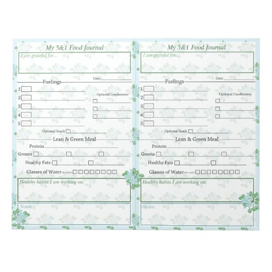 ブルー |グリーンフローラ5および1フードジャーナルページ ノートパッド (正面)