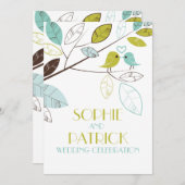 ブルー&グリーンロブバード&葉結婚式招待状 招待状 (正面/裏面)