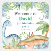 ブルー&グリーン恐竜フローラ誕生会クラス スクエアシール (正面)