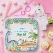 ブルー&グリーン恐竜フローラ誕生日パーティー紙 ペーパープレート (パーティー)