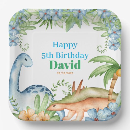 ブルー&グリーン恐竜フローラ誕生日パーティー紙 ペーパープレート (正面)